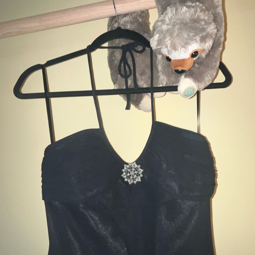 Express Black Halter Dress with Silver Brooch